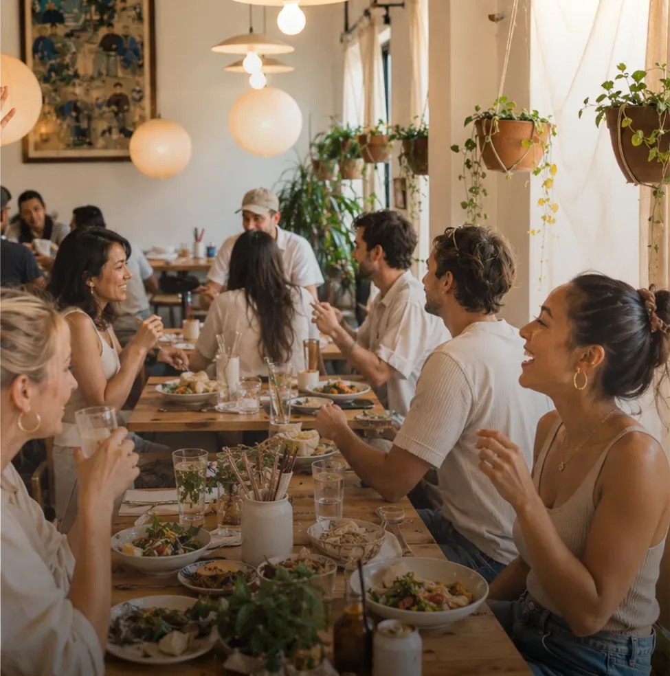 Freunde teilen sich ein Essen an einer langen Tafel in einem Frankfurter Partnerrestaurant